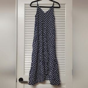 Navy Blue & White Polka-Dot Short-Sleeve With Adjustable Straps V-Neck Dress